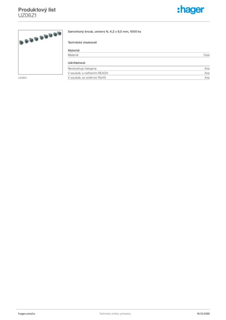 Obrázek Hager Produktový list UZ06Z1 | Hager