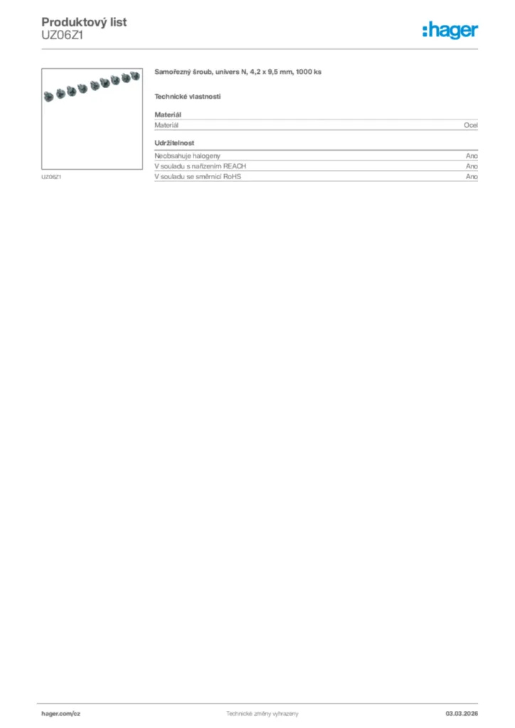 Obrázek Hager Product data sheet UZ06Z1 | Hager