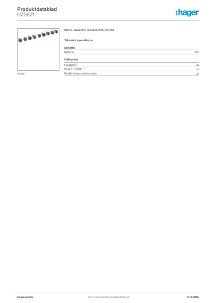 Bild Hager Produktdatablad UZ06Z1 | Hager Sverige