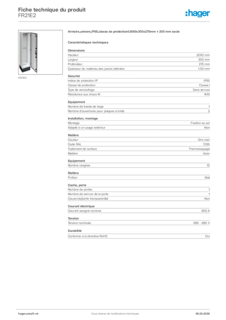 Image Hager Fiche technique du produit FR21E2 | Hager Suisse