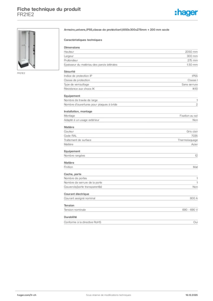 Image Hager Fiche technique du produit FR21E2 | Hager Suisse