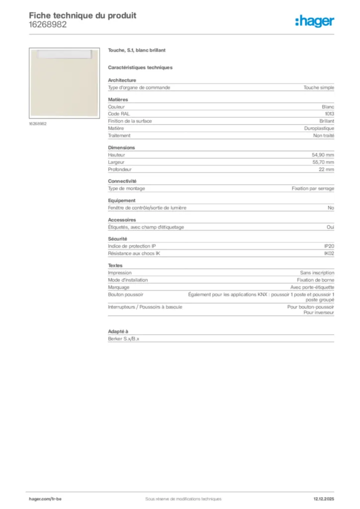 Image Hager Fiche technique du produit 16268982 | Hager Belgique