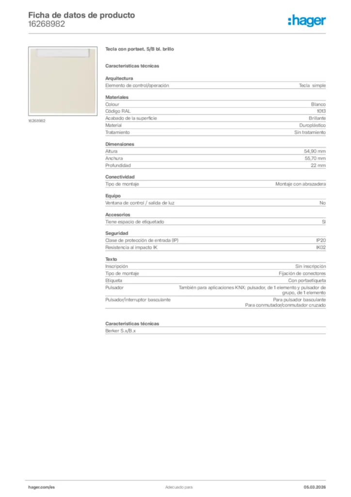 Imagen Hager Ficha de datos de producto 16268982 | Hager España