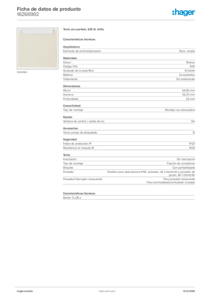 Imagen Hager Ficha de datos de producto 16268982 | Hager España