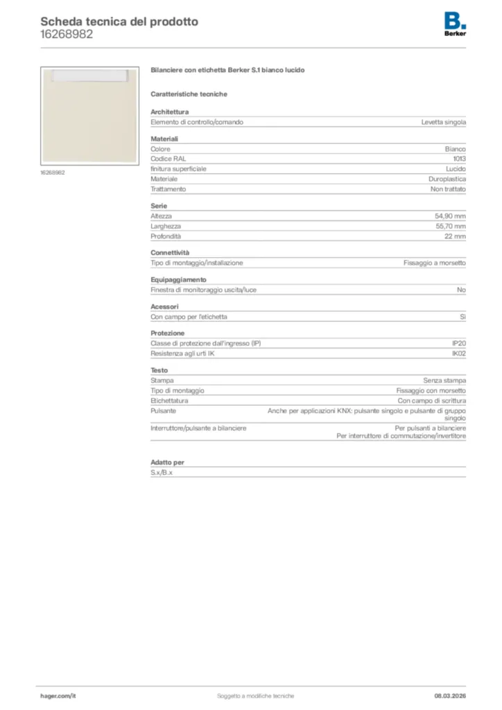 Immagine Berker Scheda tecnica del prodotto 16268982 | Hager Italia