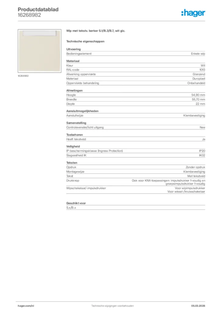 Afbeelding Hager Productdatablad 16268982 | Hager Nederland
