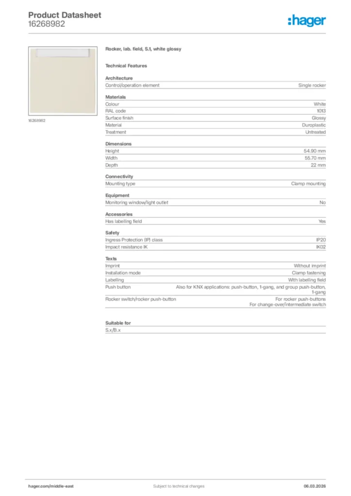 Image Hager Product data sheet 16268982  | Hager