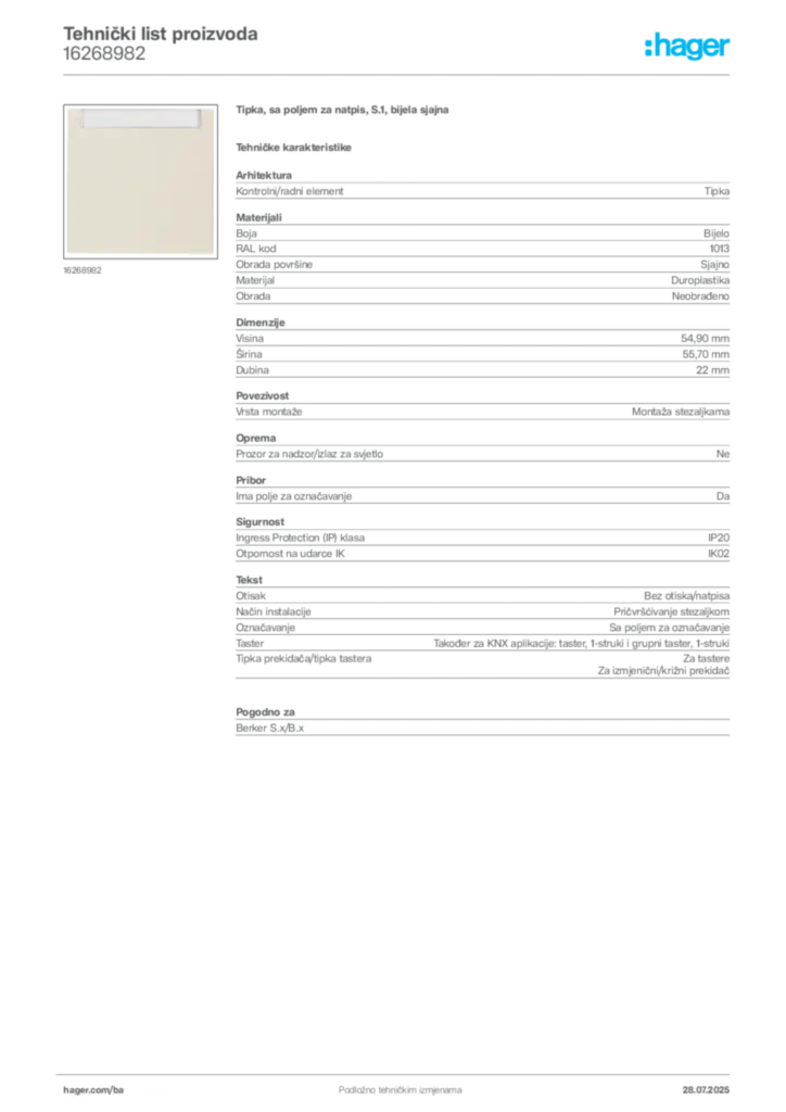 Slika Hager Product data sheet 16268982  | Hager