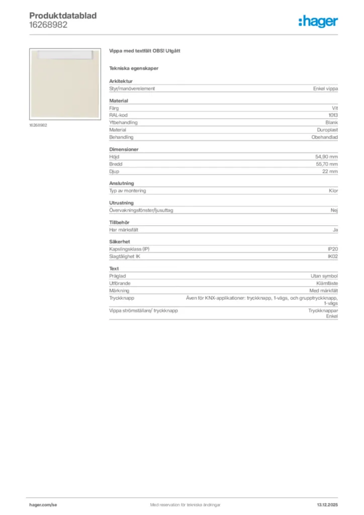 Bild Hager Produktdatablad 16268982 | Hager Sverige