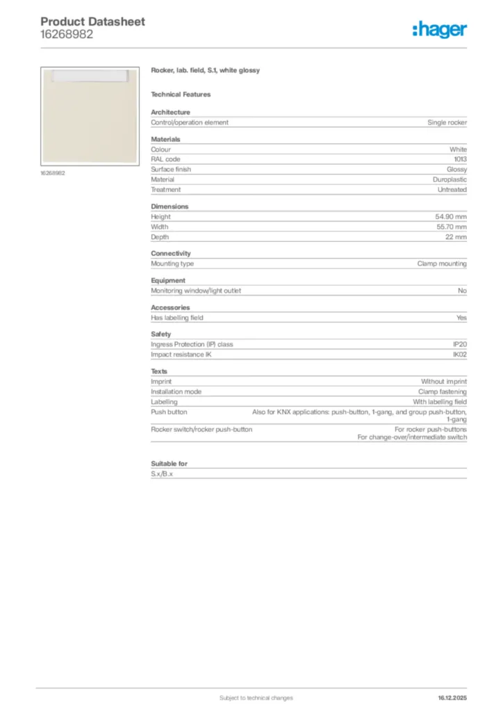 Image Hager Product data sheet 16268982  | Hager