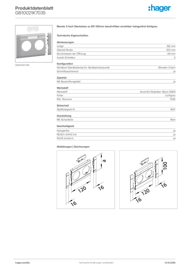 Bild Hager Produktdatenblatt GB10021K7035 | Hager Deutschland