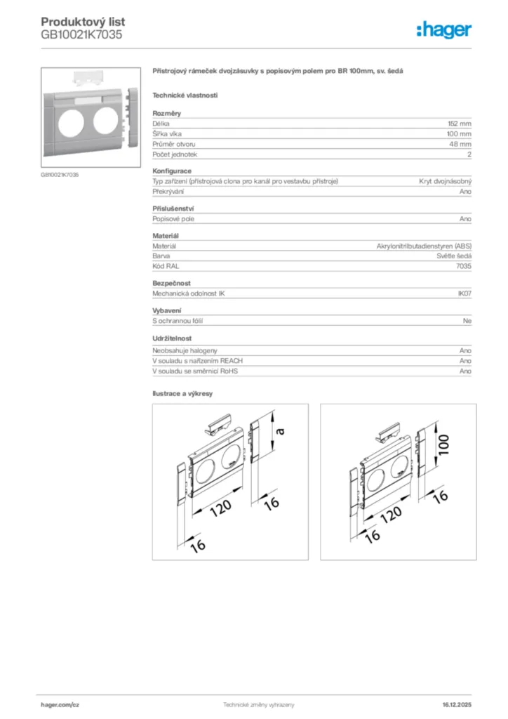 Obrázek Hager Produktový list GB10021K7035 | Hager