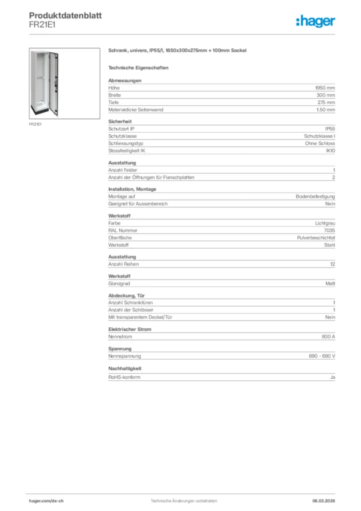 Bild Hager Produktdatenblatt FR21E1 | Hager Schweiz