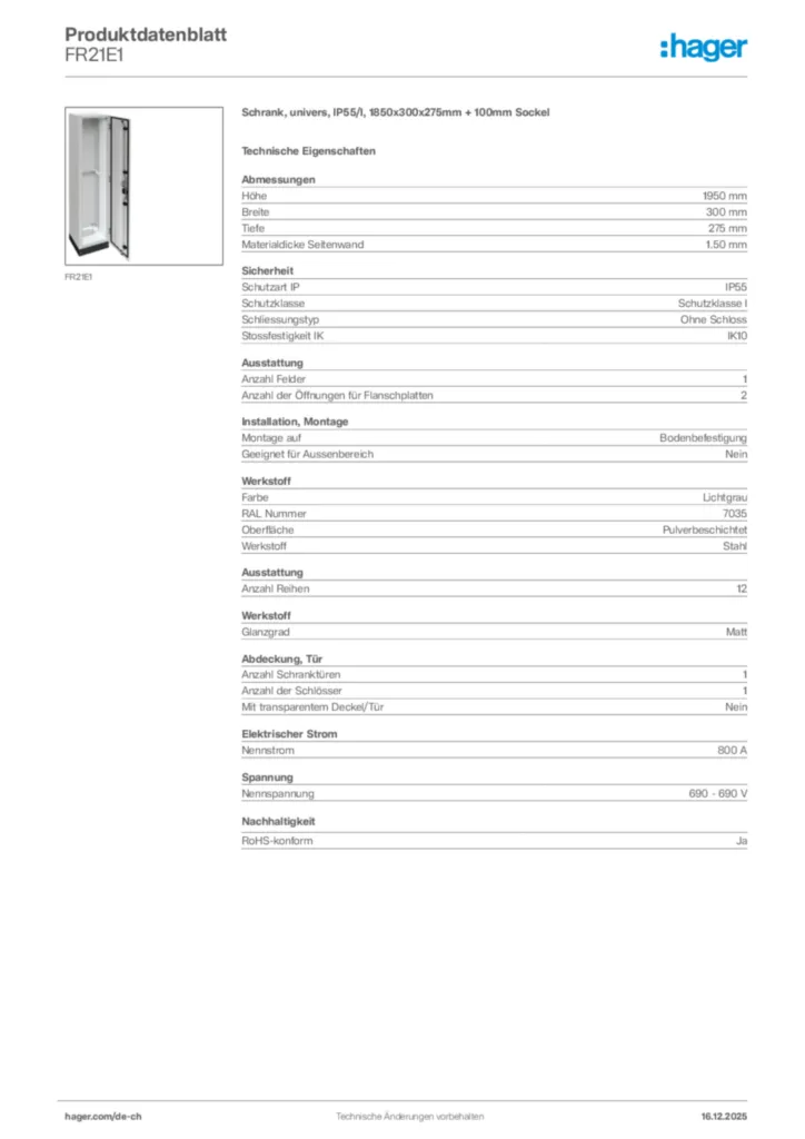 Bild Hager Produktdatenblatt FR21E1 | Hager Schweiz