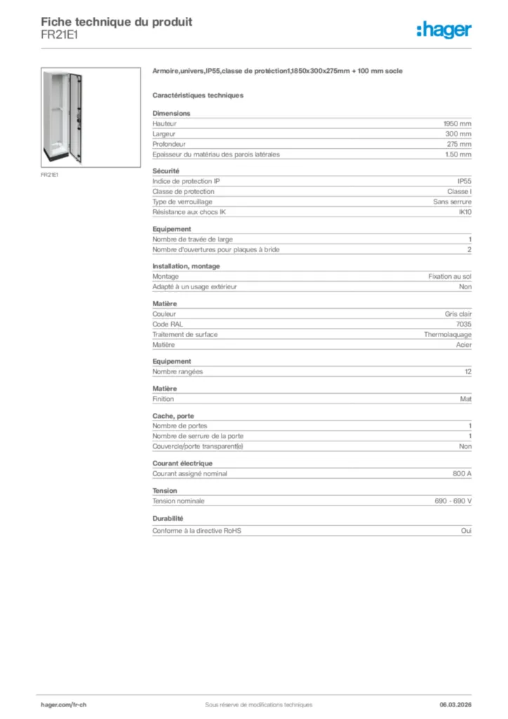 Image Hager Fiche technique du produit FR21E1 | Hager Suisse