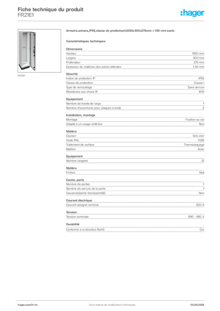 Image Hager Fiche technique du produit FR21E1 | Hager Suisse