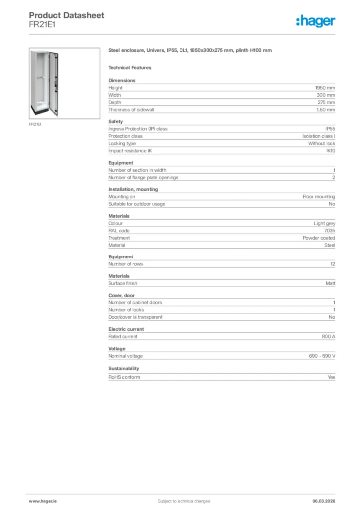 Image Hager Product data sheet FR21E1  | Hager