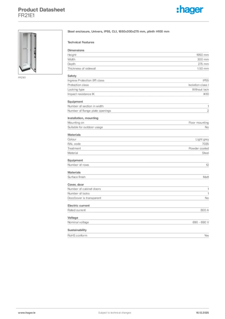 Image Hager Product data sheet FR21E1  | Hager