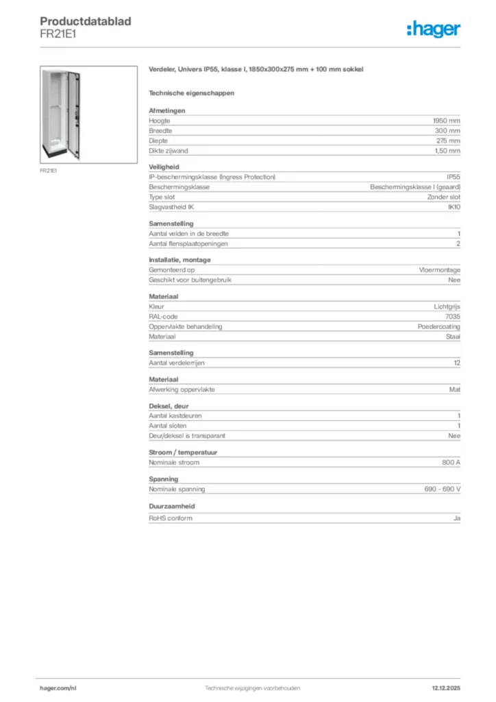 Afbeelding Hager Productdatablad FR21E1 | Hager Nederland