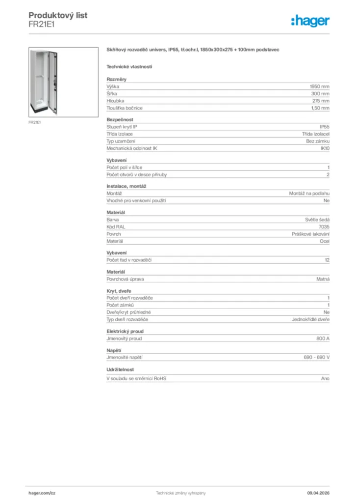 Obrázek Hager Product data sheet FR21E1 | Hager