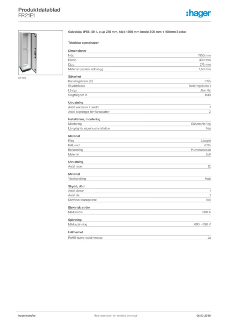Bild Hager Produktdatablad FR21E1 | Hager Sverige