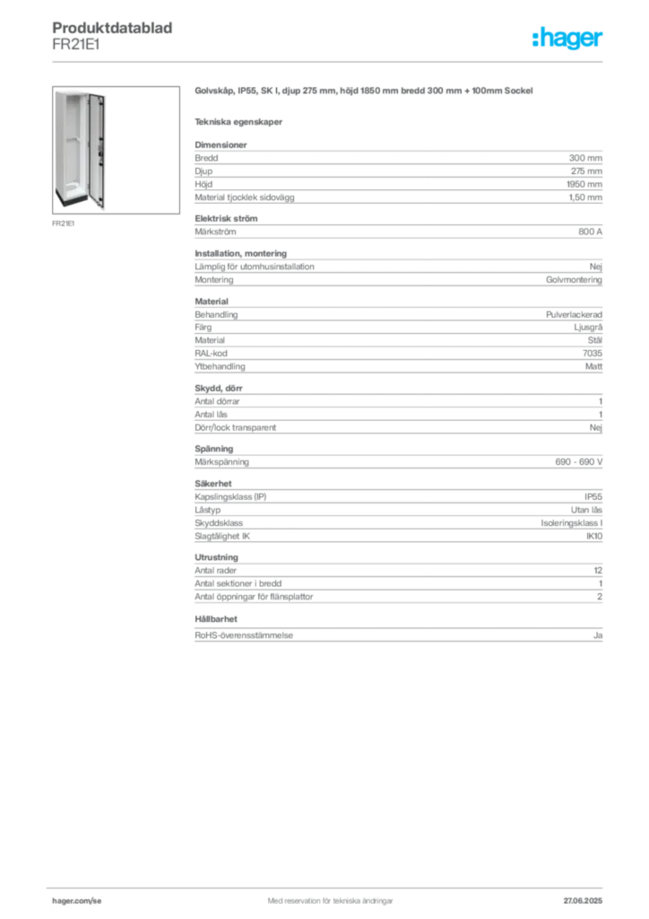 Bild Hager Produktdatablad FR21E1 | Hager Sverige