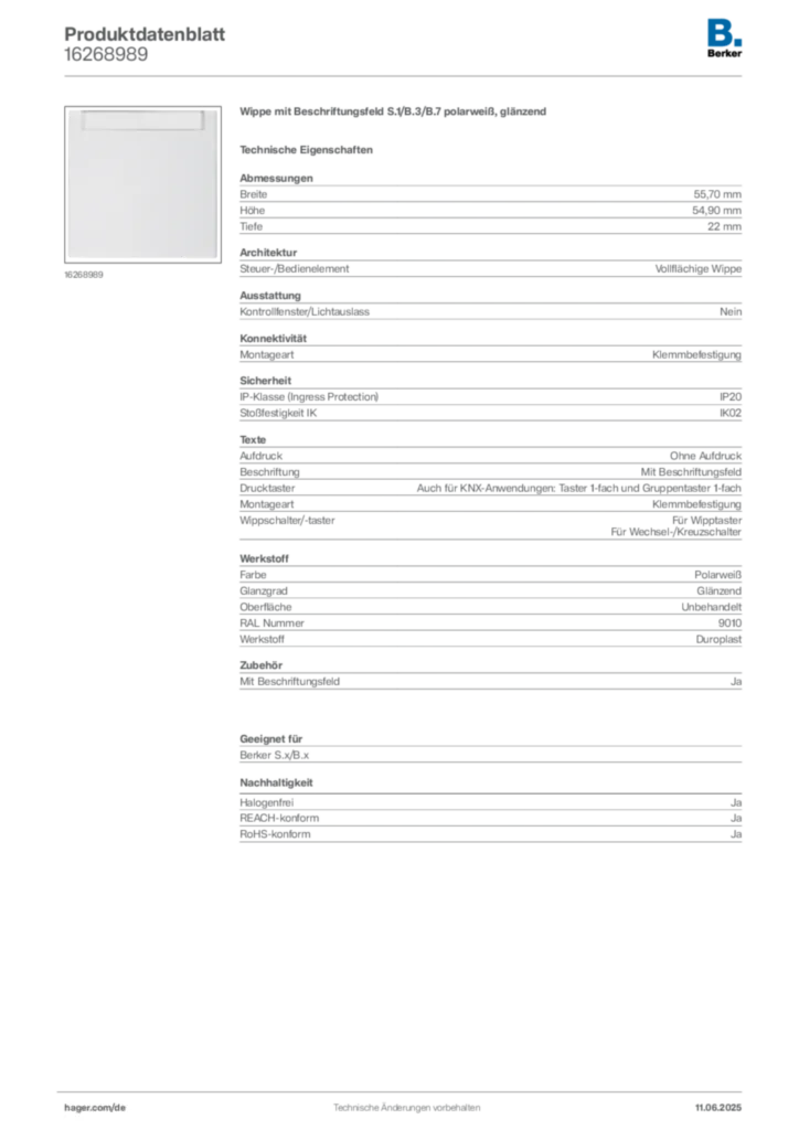 Bild Berker Produktdatenblatt 16268989 | Hager Deutschland