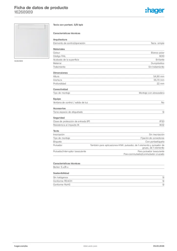 Imagen Hager Ficha de datos de producto 16268989 | Hager España