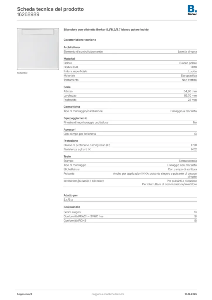 Immagine Berker Scheda tecnica del prodotto 16268989 | Hager Italia