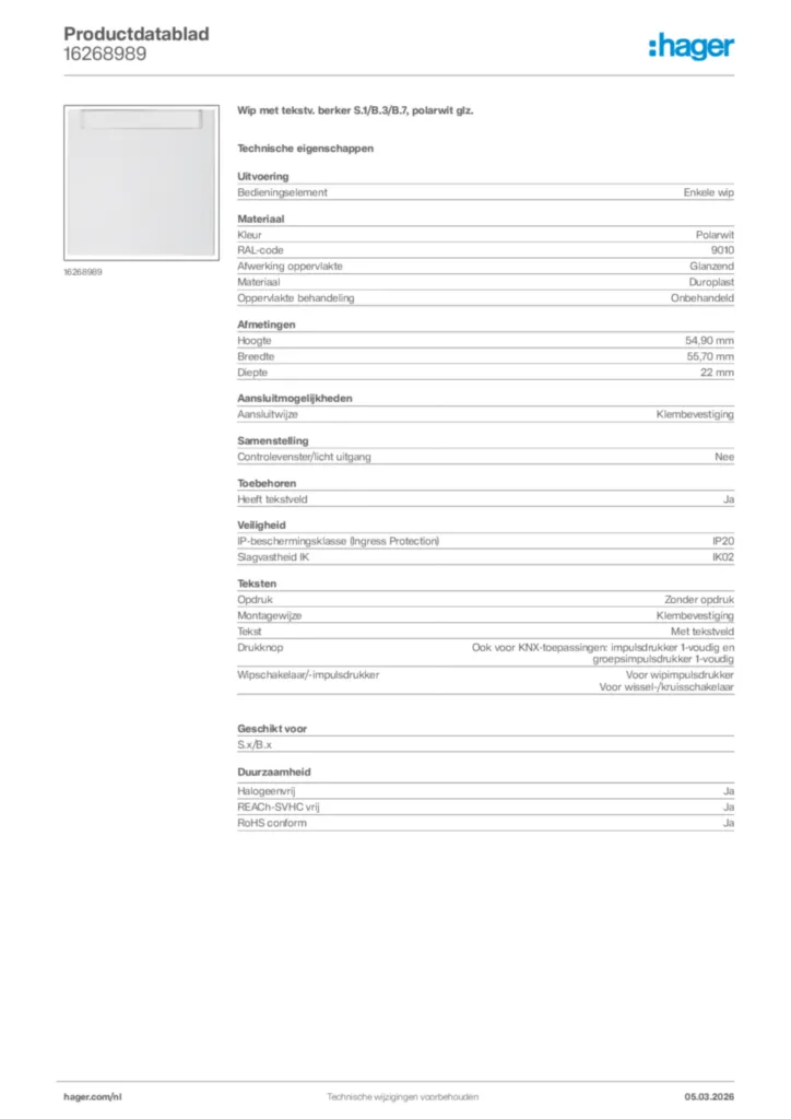 Afbeelding Hager Productdatablad 16268989 | Hager Nederland