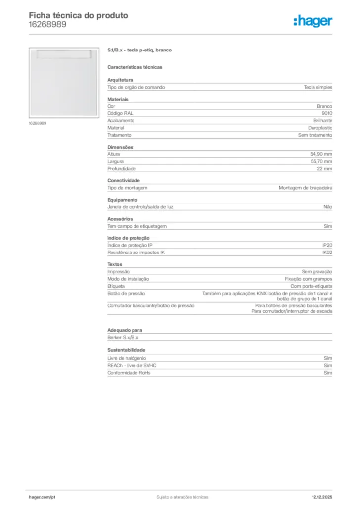 Imagem Hager Ficha técnica do produto 16268989 | Hager Portugal