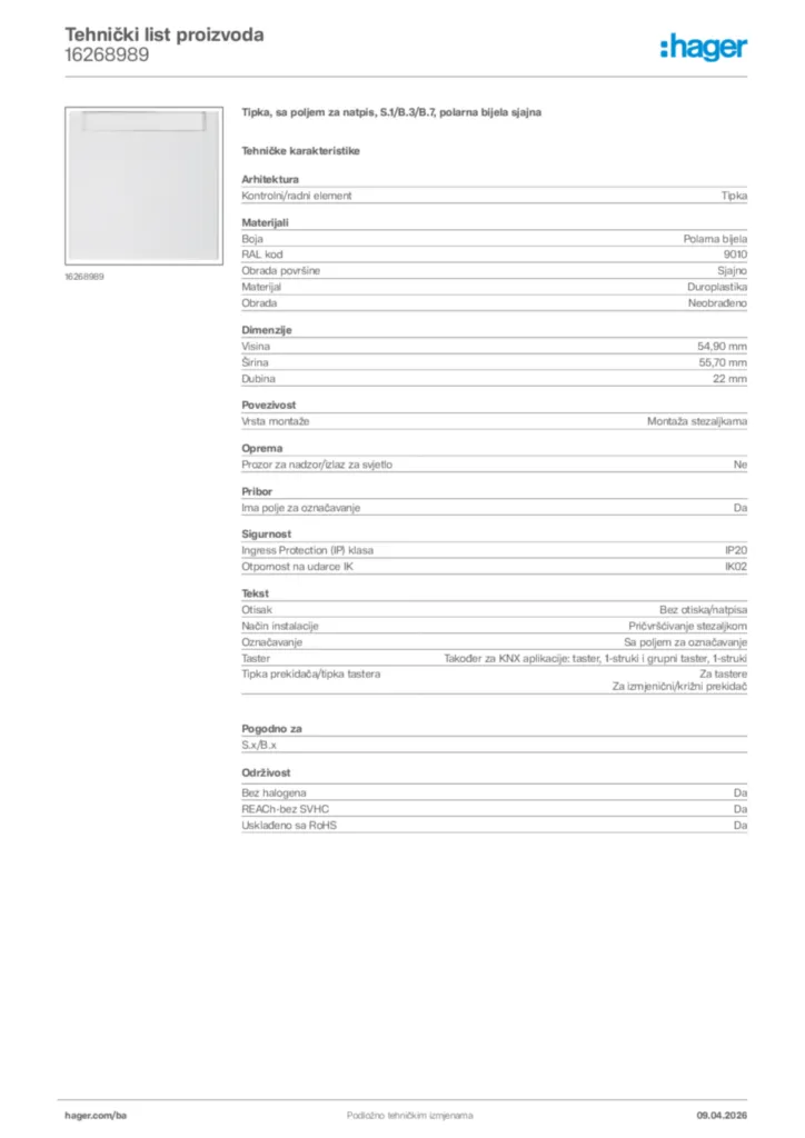 Slika Hager Tehnički list proizvoda 16268989  | Hager