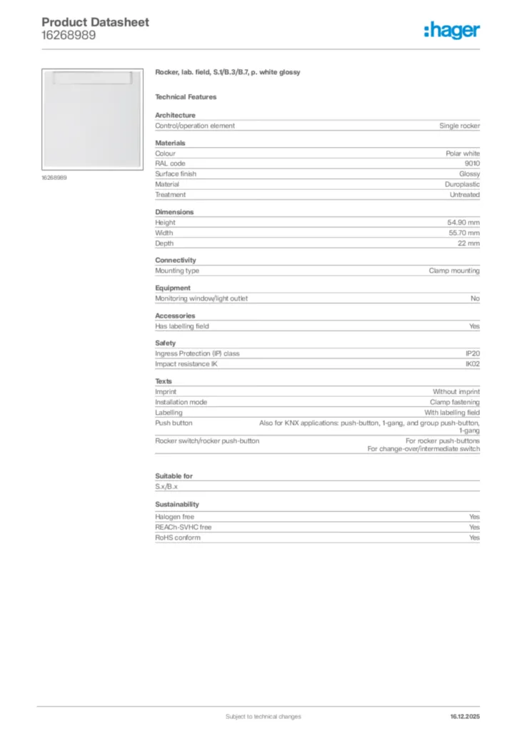 Image Hager Product data sheet 16268989  | Hager