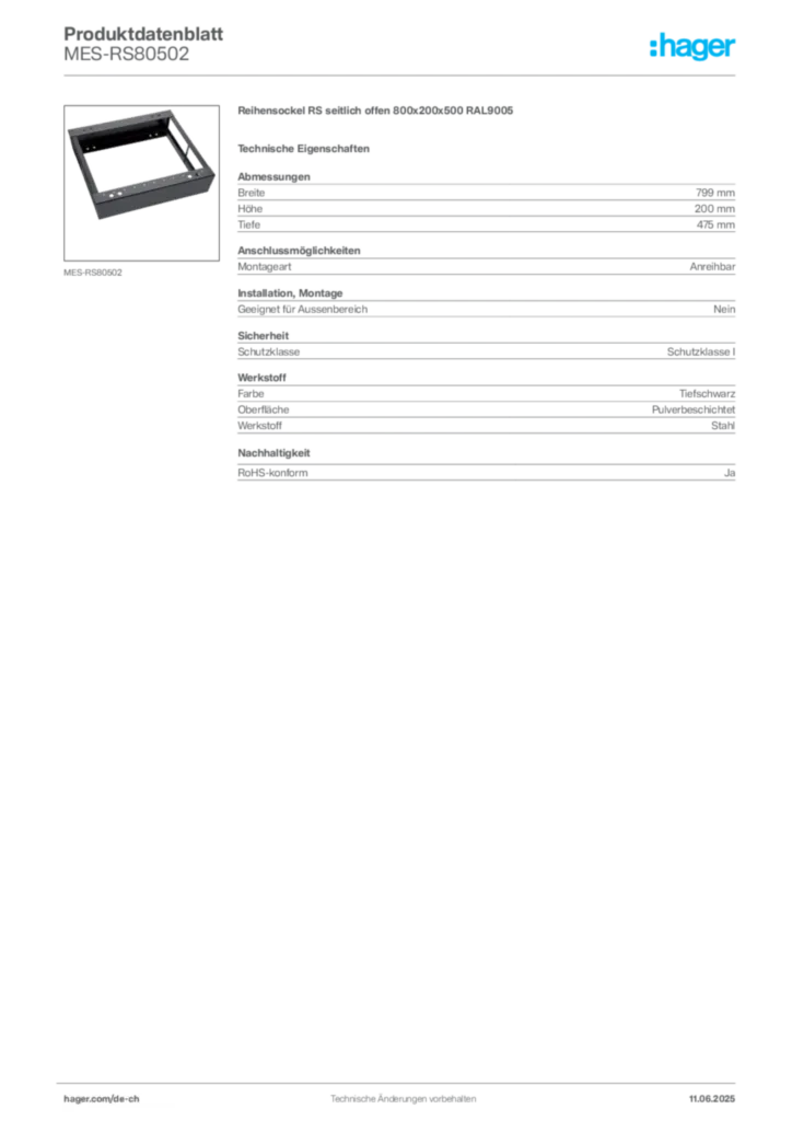 Bild Hager Produktdatenblatt MES-RS80502 | Hager Schweiz