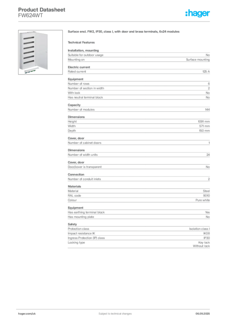 Image Hager Product data sheet FW624WT  | Hager