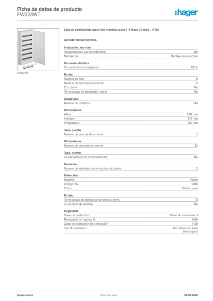 Imagen Hager Ficha de datos de producto FW624WT | Hager España