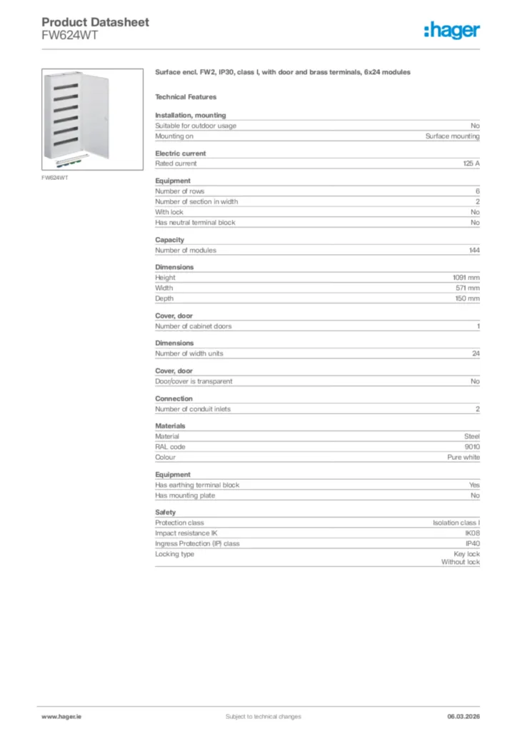 Image Hager Product data sheet FW624WT  | Hager