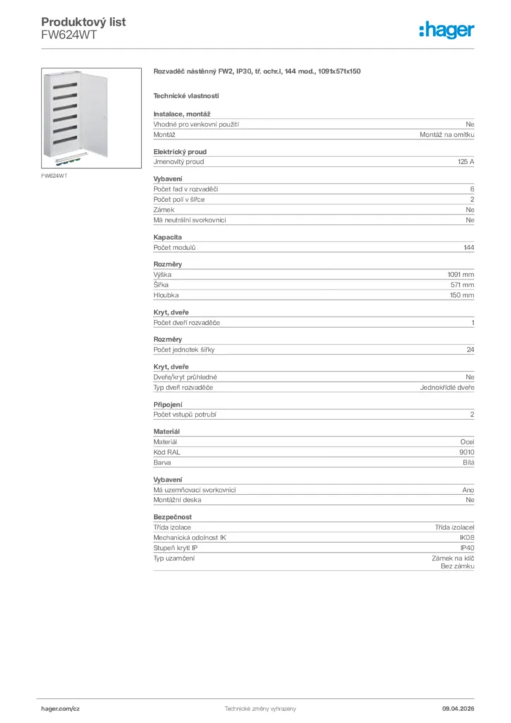 Obrázek Hager Product data sheet FW624WT | Hager