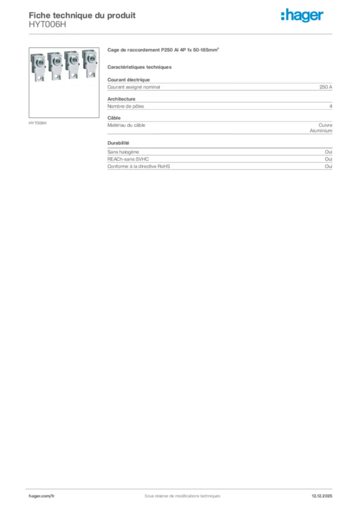 Image Hager Fiche technique du produit HYT006H | Hager France