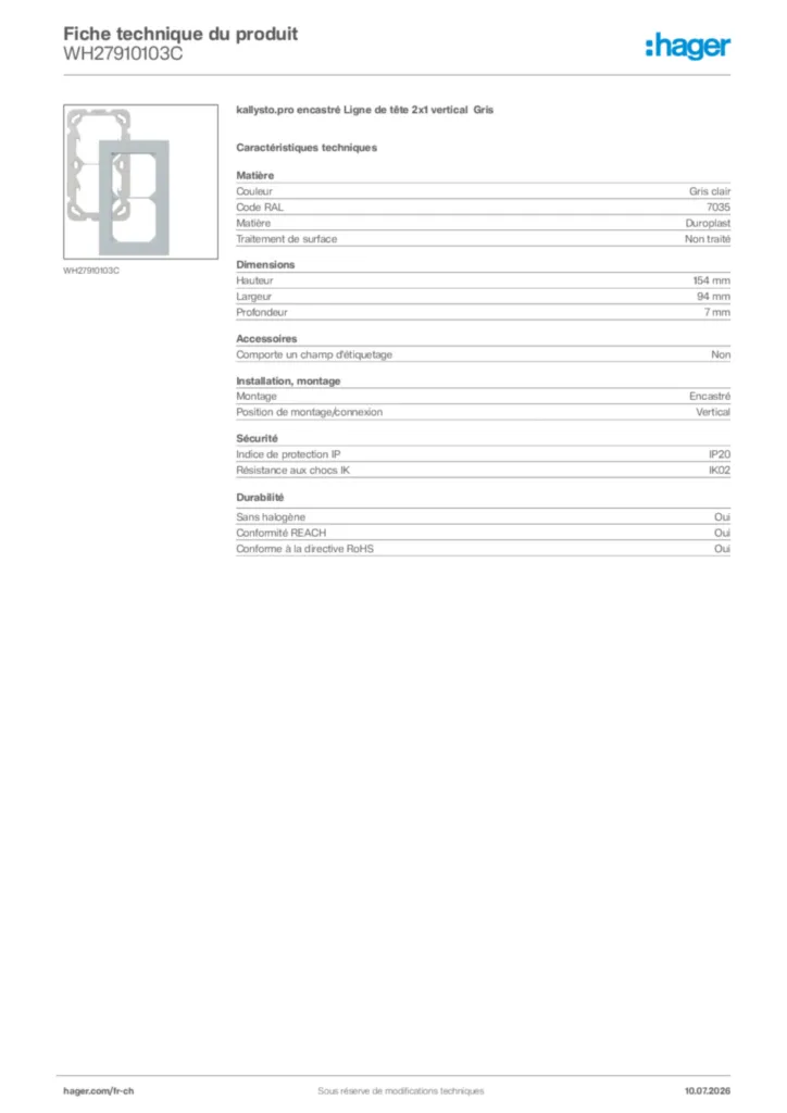 Image Hager Fiche technique du produit WH27910103C | Hager Suisse