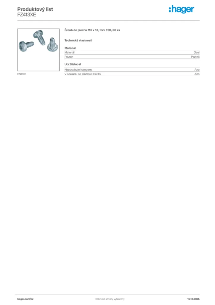 Obrázek Hager Produktový list FZ413XE | Hager