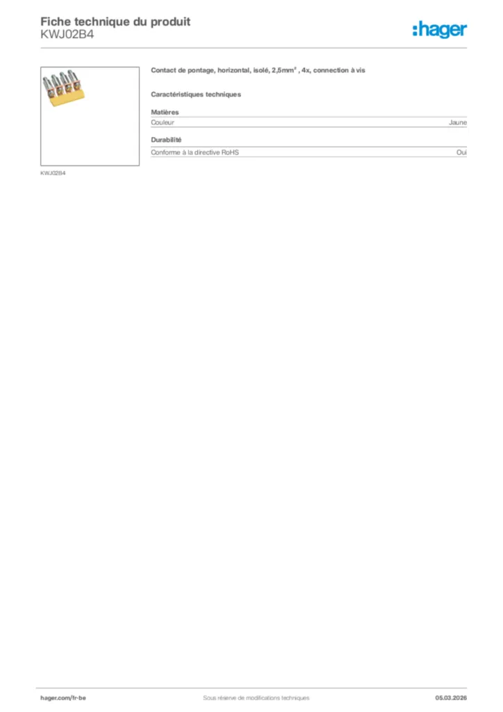 Image Hager Fiche technique du produit KWJ02B4 | Hager Belgique