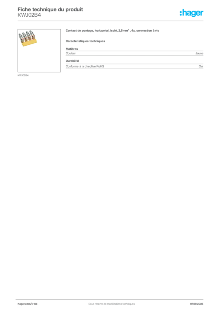 Image Hager Fiche technique du produit KWJ02B4 | Hager Belgique