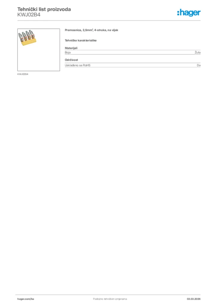 Slika Hager Tehnički list proizvoda KWJ02B4  | Hager
