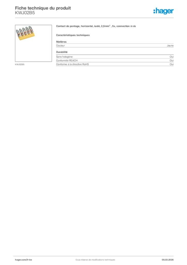 Image Hager Fiche technique du produit KWJ02B5 | Hager Belgique