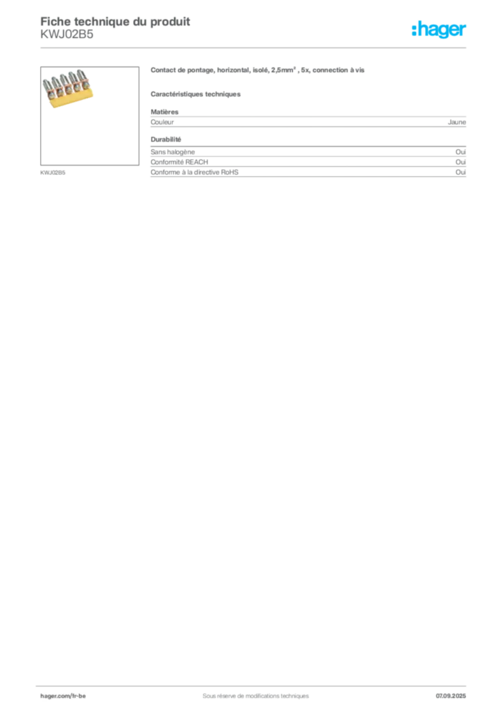 Image Hager Fiche technique du produit KWJ02B5 | Hager Belgique