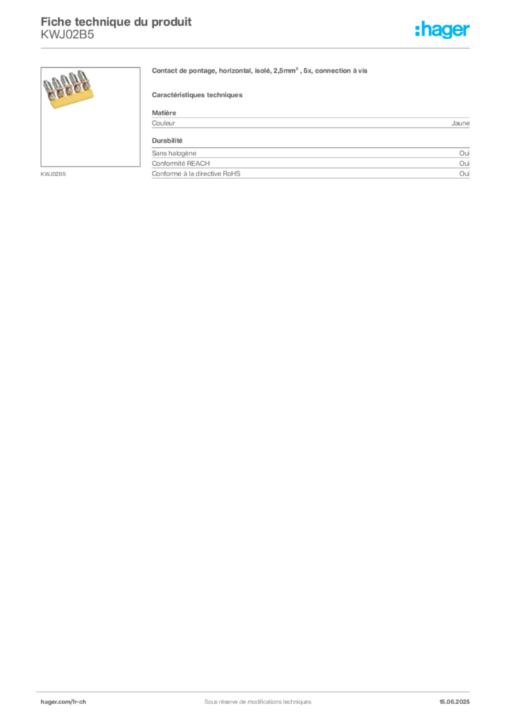 Image Hager Fiche technique du produit KWJ02B5 | Hager Suisse