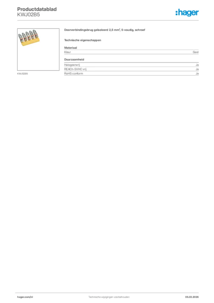 Afbeelding Hager Productdatablad KWJ02B5 | Hager Nederland