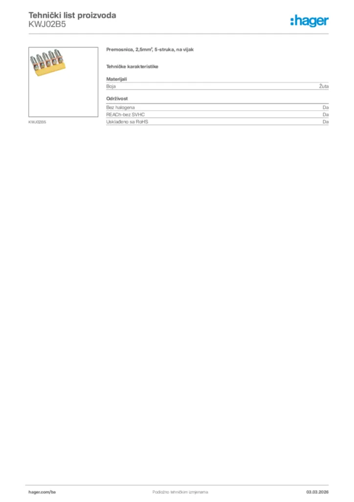 Slika Hager Tehnički list proizvoda KWJ02B5  | Hager