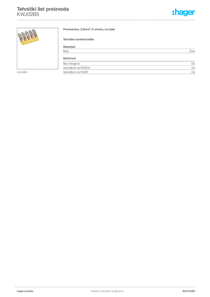 Slika Hager Product data sheet KWJ02B5  | Hager